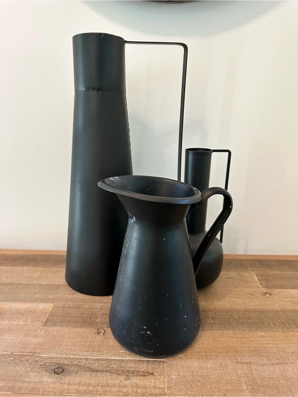 Black Matte Decorative Vases & Pitcher Set of 3 Powder Coated Iron Metal 9 - 16”